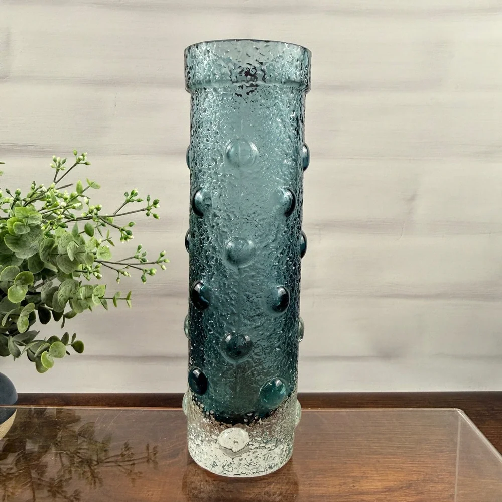 Riihimäen Lasi 1462 Vase Tamara Aladin Blue Textured Finnish Art Glass